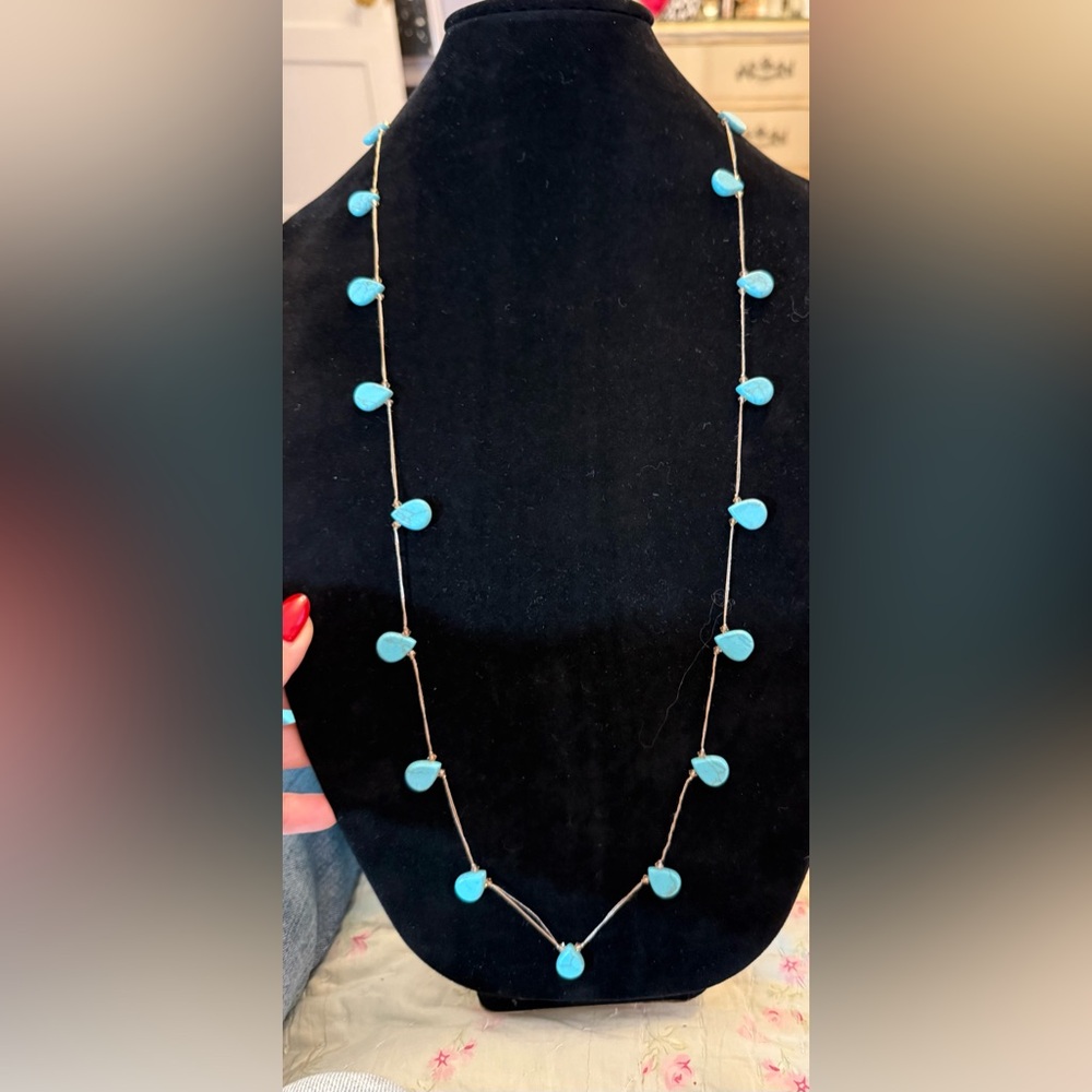 Stella & Dot Faux Turquoise Teardrop Beads Crystals Necklace Long 38